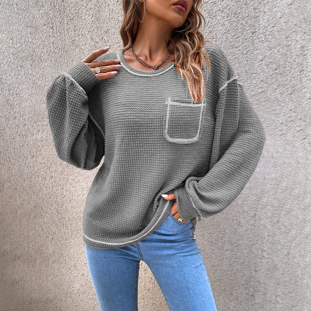 [Exclusive!]Top-stitching Drop Shoulder Pocket Patched Sweater