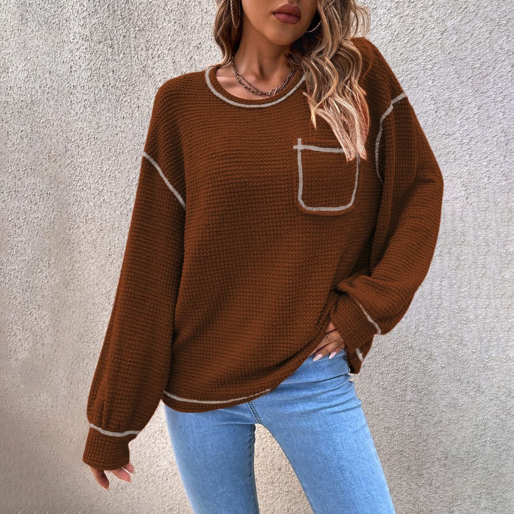 [Exclusive!]Top-stitching Drop Shoulder Pocket Patched Sweater