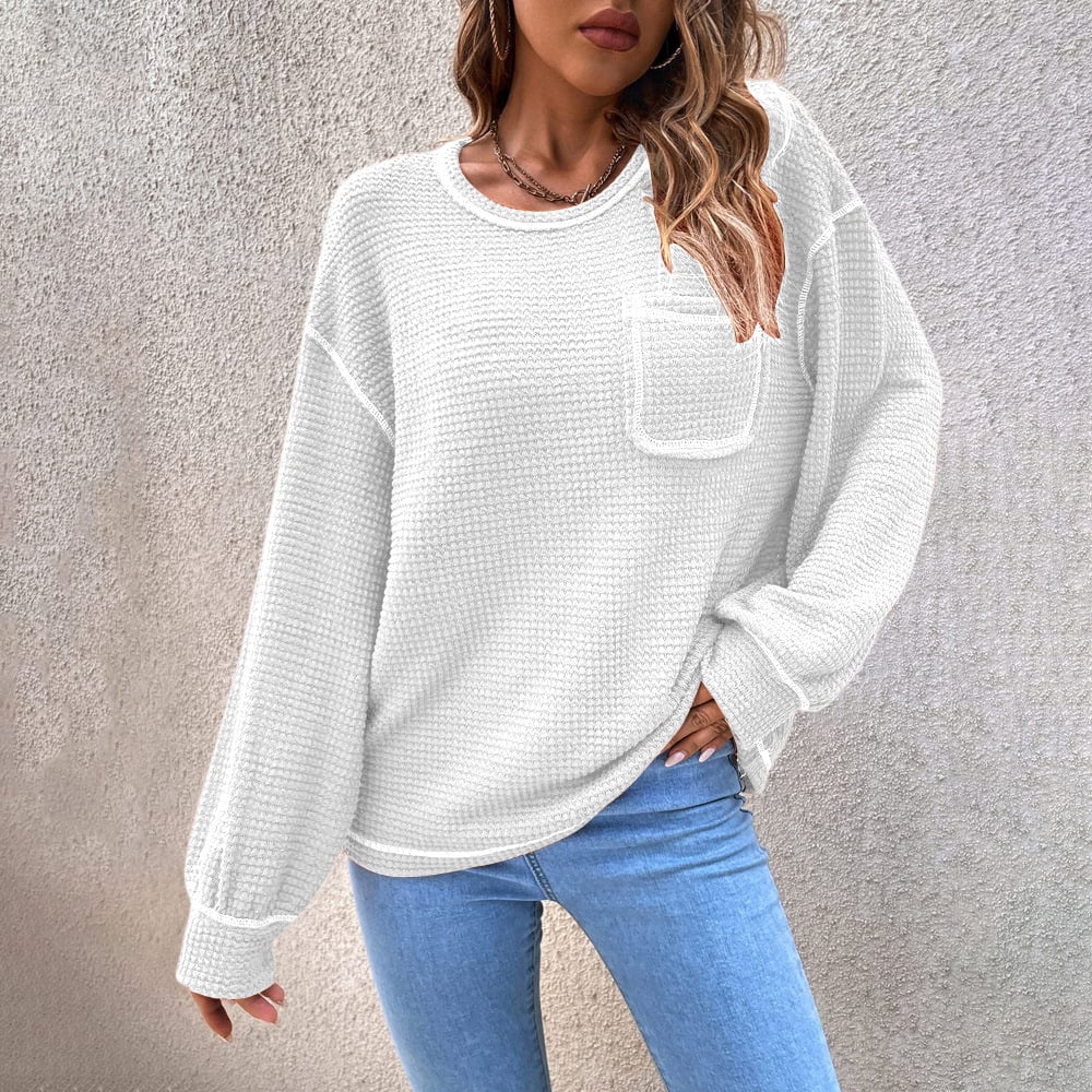 [Exclusive!]Top-stitching Drop Shoulder Pocket Patched Sweater