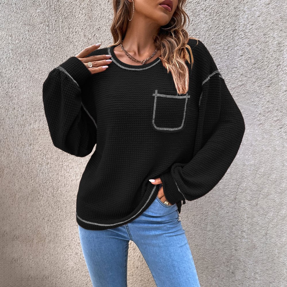 [Exclusive!]Top-stitching Drop Shoulder Pocket Patched Sweater