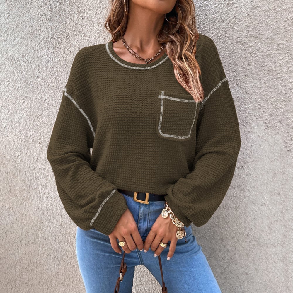 [Exclusive!]Top-stitching Drop Shoulder Pocket Patched Sweater