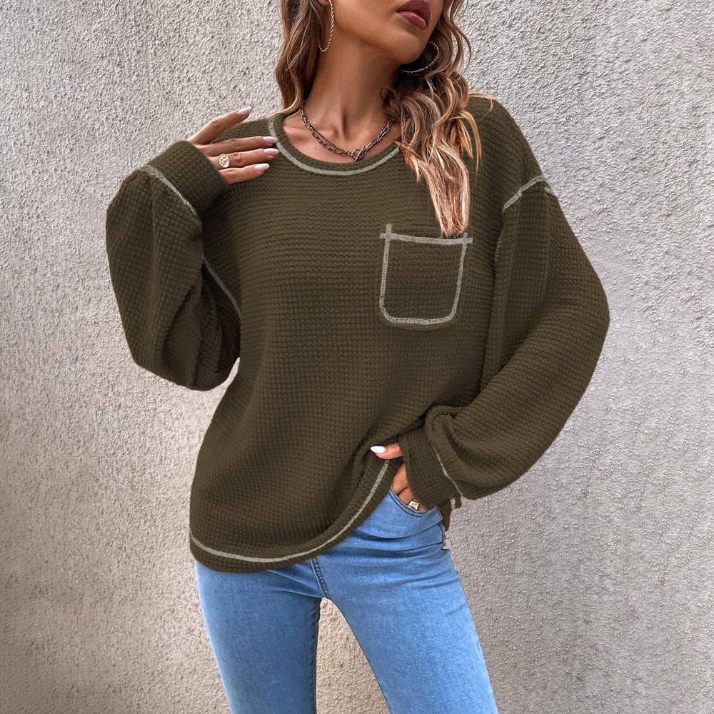 [Exclusive!]Top-stitching Drop Shoulder Pocket Patched Sweater
