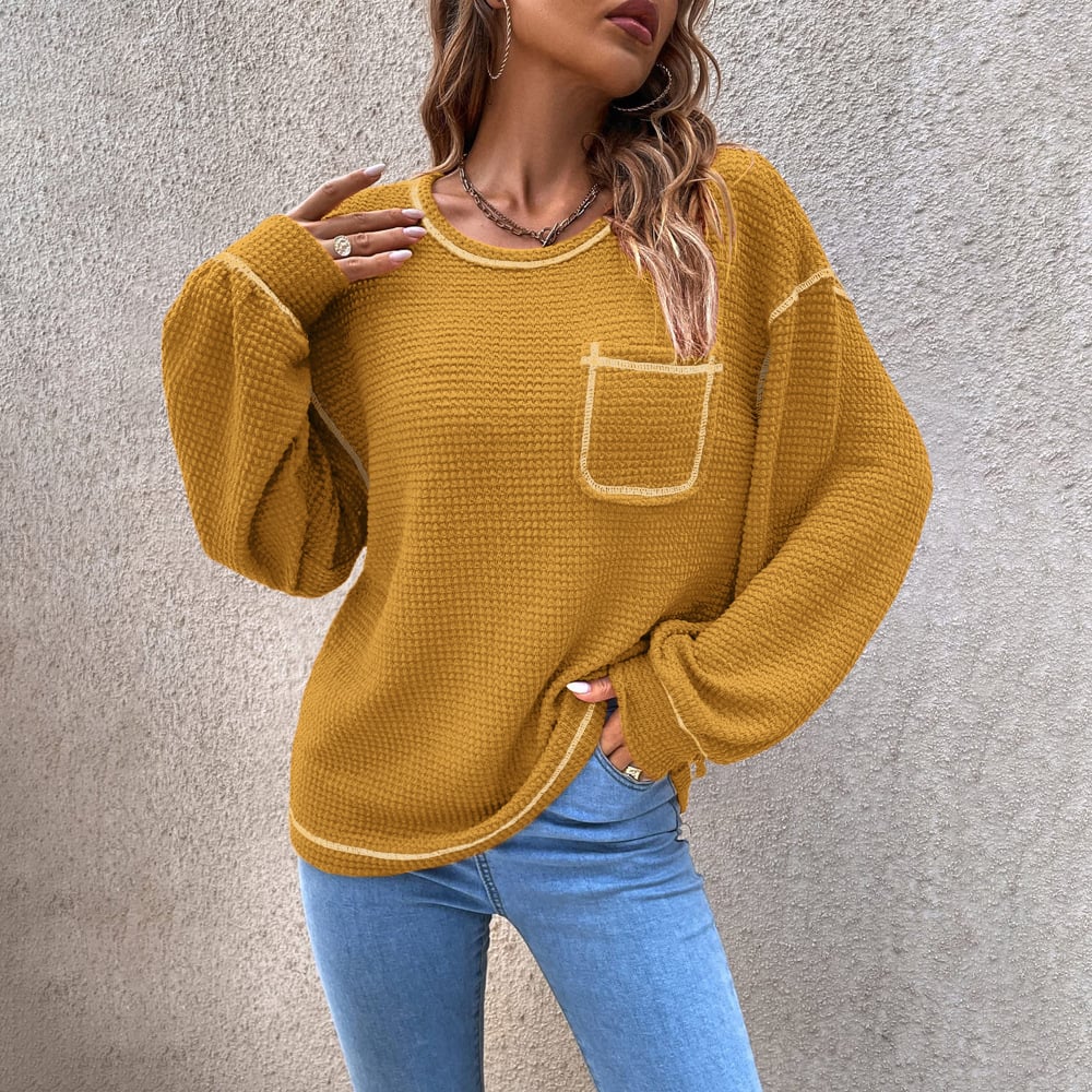 [Exclusive!]Top-stitching Drop Shoulder Pocket Patched Sweater