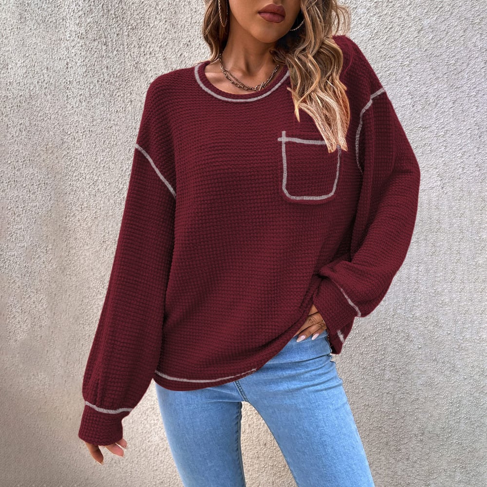 [Exclusive!]Top-stitching Drop Shoulder Pocket Patched Sweater