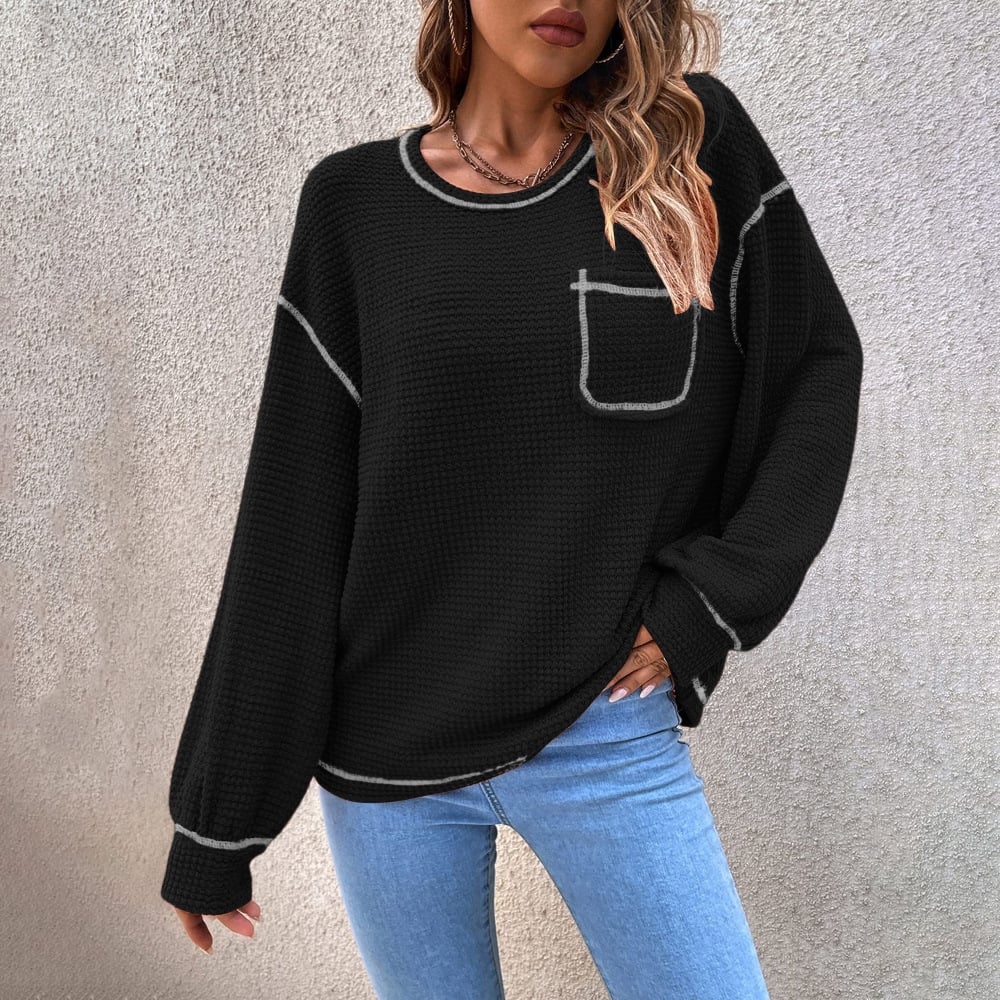 [Exclusive!]Top-stitching Drop Shoulder Pocket Patched Sweater